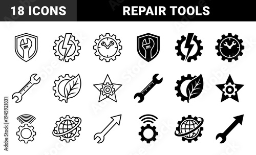 Black and white industrial hybrid maintenance symbols combining wrench tools with gear wheels shields lightning bolts leaves and global spheres
