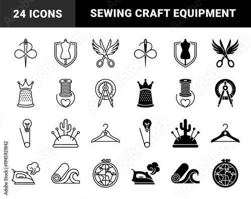 Tailoring and Sewing Icons Merging Craft Tools with Conceptual Symbols like Infinity Needle and Globe Embroidery Hoop in Solid and Line Styles