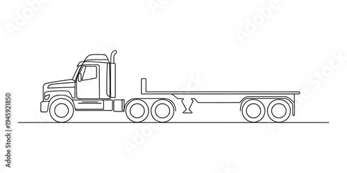 A simple black and white line art illustration of a semi-trailer truck with a flatbed trailer Vector, illustration