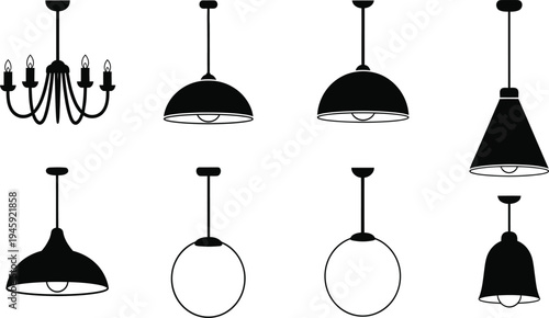 Pendant lamp and chandelier icon set with modern hanging lights interior lighting fixtures vector illustration isolated background