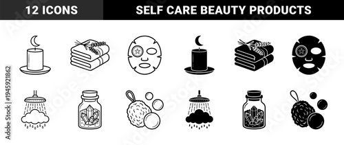 Wellness and holistic spa hybrid icons featuring moon candle combinations lavender towel rolls cucumber face masks and crystal healing jars