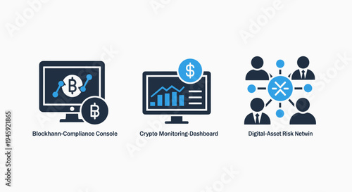 Cryptocurrency and blockchain technology icons for digital asset monitoring, financial analytics, and network compliance