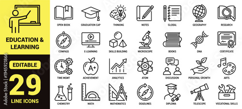 Education and learning icon set with academic skills, research, science, creativity, personal growth, teaching, achievement, and high‑ranking classroom elements in modern line‑art vector style