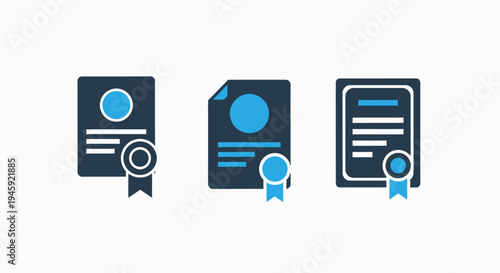 Official certificate and document icons for achievement awards, legal validation, and quality assurance