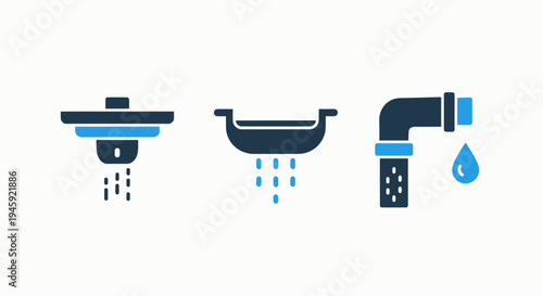 Water drainage and plumbing system icons for industrial, residential, and environmental water management