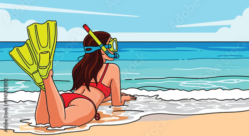 Woman with snorkel gear and flippers lying on tropical beach shore