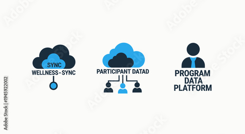 Cloud sync, wellness-sync, participant data, and program data platform icons for digital services