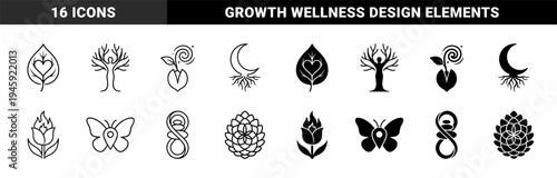 Hybrid organic symbols merging nature and spirituality featuring leaf heart tree person moon roots butterfly location pin and lotus geometry in outline and solid styles