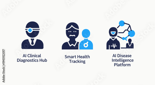 Ai clinical diagnostics hub, smart health tracking, and AI disease intelligence platform icons