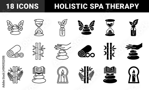 Zen Wellness and Holistic Spa Symbols Featuring Hybrid Concepts like Butterfly Wings on Stone Stacks and Hourglass Sand Merged with Pebbles