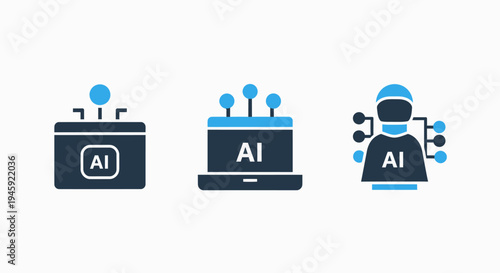 Artificial intelligence systems, AI laptop, and AI person icons for modern technology and innovation