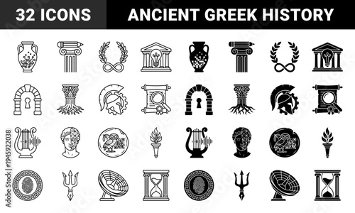 Ancient Greek History and Philosophy Symbols Merged with Digital Technology Concepts Featuring Data Amphora Spartan Gear and Ionic Columns