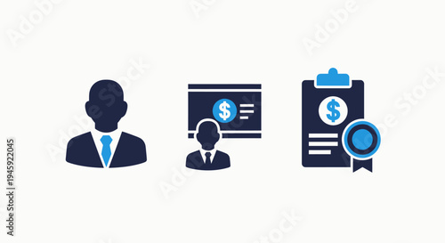 Corporate finance and business document icons: professional, financial reports, and approval concepts