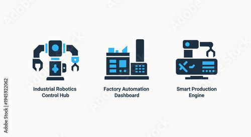 Industrial robotics and factory automation icons: smart production, control hub, and dashboard systems