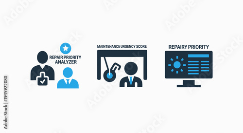 Maintenance and repair management icons: priority analysis, urgency scoring, and service operations