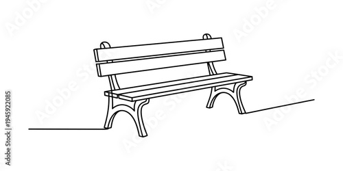 A continuous line art drawing of a classic wooden park bench with a slatted design Vector, illustration
