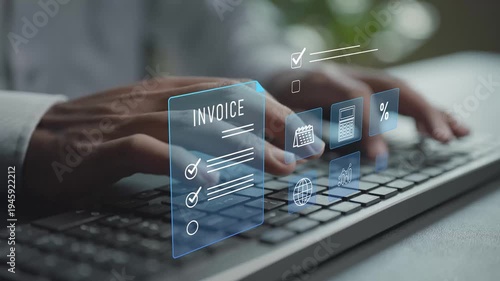 Invoice management concept. Person typing keyboard with billing and financial document icons, digital invoicing, payment processing and accounting workflow.
