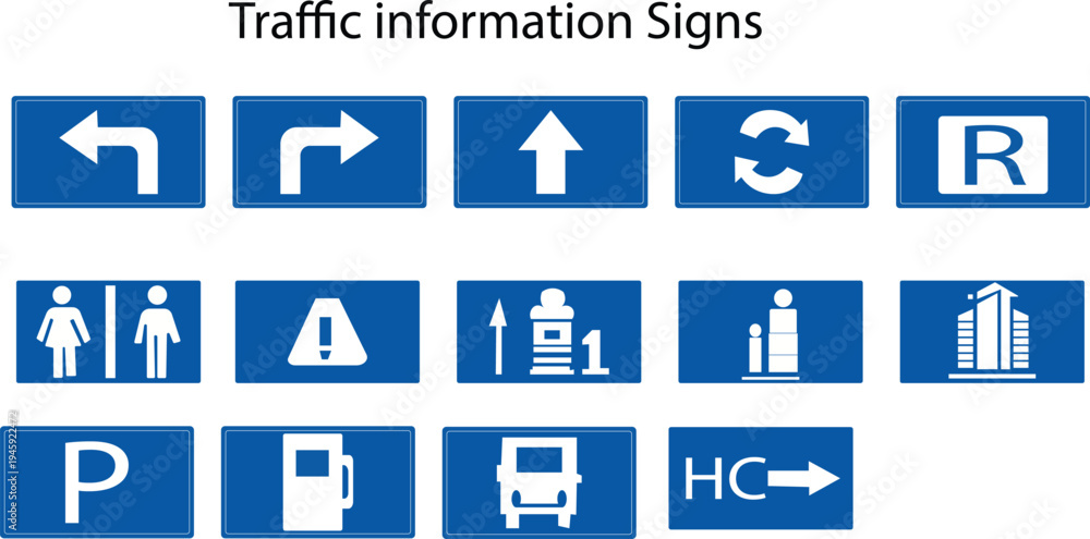 Fototapeta premium Vector illustration set of man and woman icons in blue and red circles featuring business web buttons and directional road traffic sign symbols