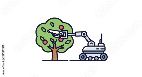 Robot picking apples from tree.