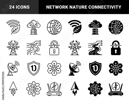 Hybrid Digital Ecology and Network Security Icon Set Featuring Leaf Wi-Fi Cloud Server and Brain Gear Circuitry Symbols in Dual Line Solid Style
