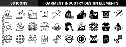 Textile Industry and Fabric Care Hybrid Symbols Featuring Cotton Measuring Tape Loom Weave and UV Protection Tags in Dual Line and Solid Style