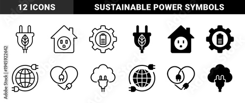 Sustainable energy symbols merging electric plugs with organic leaves house silhouettes and battery gears in outline and solid styles
