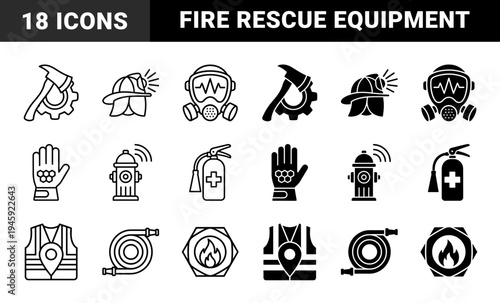 Firefighting safety equipment and emergency response icons featuring hybrid designs of gear with gearwheels and location pin map markers
