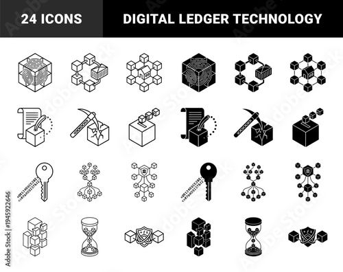 Blockchain Technology and Cryptocurrency Mining Symbols Merging Isometric Cubes with Fingerprints Hourglass Pickaxe and Secure Digital Keys