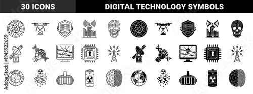 Black and white hybrid icons merging technology and security symbols like drone hourglass skull circuit board satellite lock and broken screen