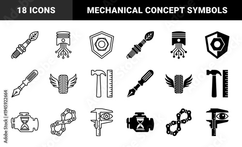 Abstract Industrial Hybrid Icon Set Featuring Spark Plug Leaf Piston Circuitry Nut Shield Pen Screwdriver Winged Tire Hammer Ruler and Engine Hourglass