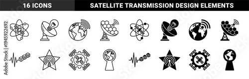 Hybrid Satellite and Communication Icons Featuring Space Technology Combined with Atom Orbit Lightbulb Hexagon Globe Star and Gear Elements