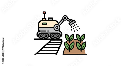 Robot watering green plants garden.