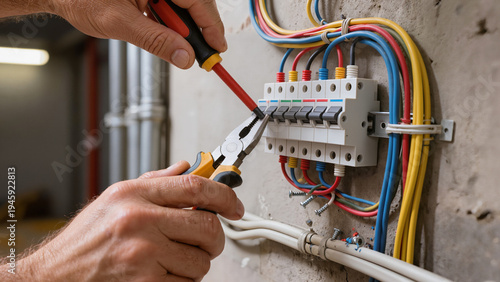 Photos electrician at work, Fixing the wires, Electrical panel repair, Using hand tools