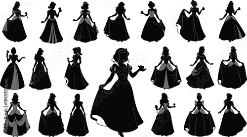 Princess silhouette collection with elegant fairy tale dresses royal female characters vector illustration isolated background design