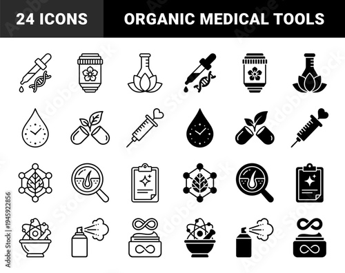 Hybrid medical and wellness icons merging laboratory equipment with organic botanical elements and DNA structures in outline and solid styles
