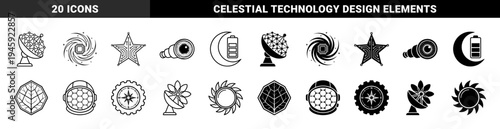 Hybrid celestial and technology icon set featuring integrated circuit stars satellite dishes with nodes and astronomical observation telescope eyes