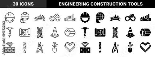 Hybrid Industrial Engineering and Construction Icons Featuring Concept Mergers of Infrastructure Tools with Growth and Strategy Symbols