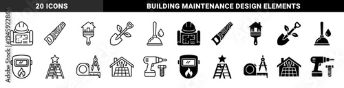 Hybrid home improvement and construction tool icons merging building symbols with professional equipment like saws drills and blueprints
