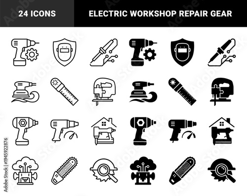 Smart Power Tool Hybrid Icons for Modern Construction and Industrial DIY Projects Featuring Electric Drills Saws and Workshop Equipment Symbols