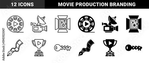Hybrid Cinema and Media Production Icon Set Featuring Film Reel Play Button Satellite Camera Pen Nib Strip and Award Trophy Designs