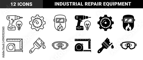Construction and Industrial Repair Tool Icons Featuring Hybrid Design of Power Drills with Lightbulbs Welding Masks and Measuring Equipment