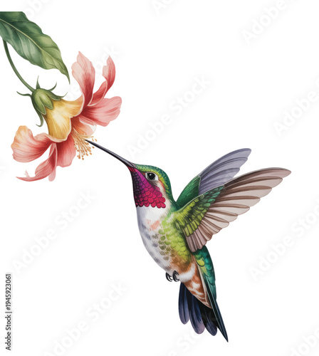 Colorful hummingbird drinking nectar from tropical flower in soft watercolor.
