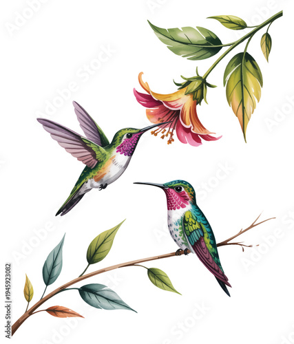 Colorful hummingbird drinking nectar from tropical flower in soft watercolor.