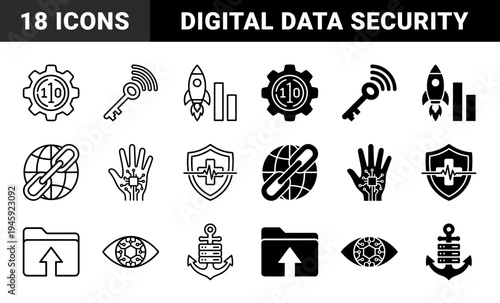 Black and white hybrid icons merging technology and data with physical metaphors including rocket charts key signals and cybernetic hand and eye