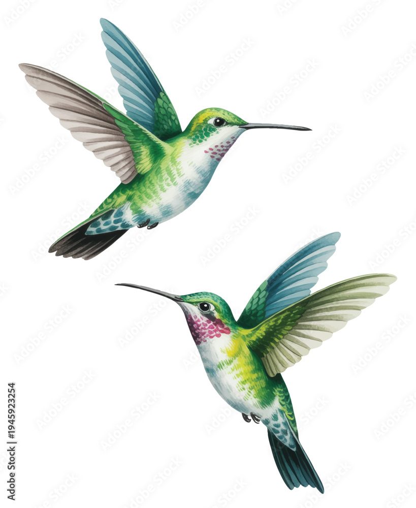 Obraz premium Vibrant hummingbirds soaring together in botanical watercolor style.