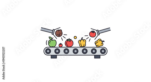 Robotic arms sorting colorful food items.