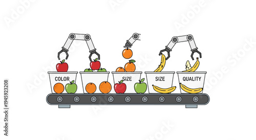 Robotic arms sorting fruit by quality.