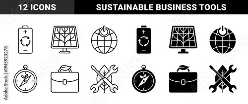 Sustainable energy and eco friendly business hybrid symbols featuring solar panels with leaf patterns battery recycling and green house technology