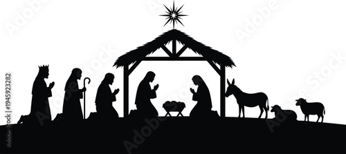 Nativity silhouette illustration, Christmas manger scene, holy family with baby Jesus, three wise men, animals, star of Bethlehem, Christian tradition