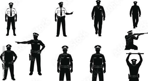Police officer silhouettes collection with different poses security law enforcement personnel vector illustration isolated background